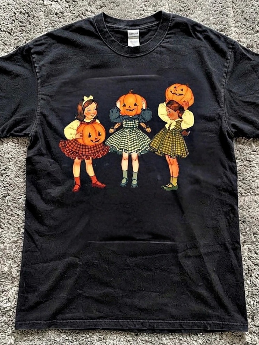 Halloween Pumpkin Head Girls Vintage Black T-Shirt